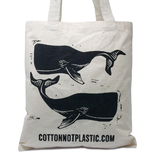 Lrg Natural 6oz Cotton Bag 38x42cm - WHALES