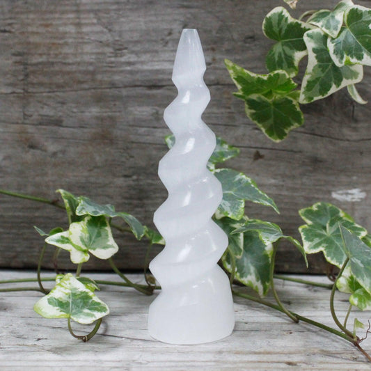 Selenite Spiral Unicorn Horn Tower - 15 cm