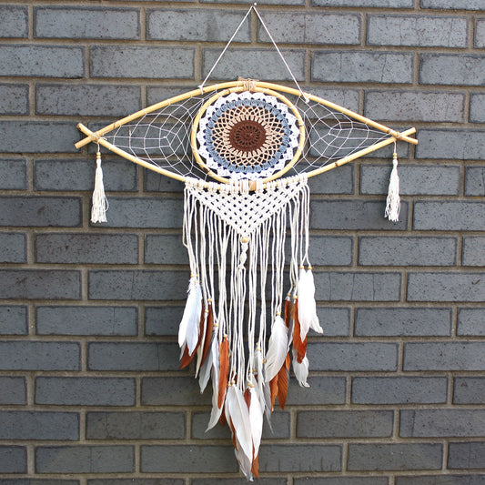 Protection Dream Catcher - Lrg Macrame Evil Eye White/ Grey/Brown