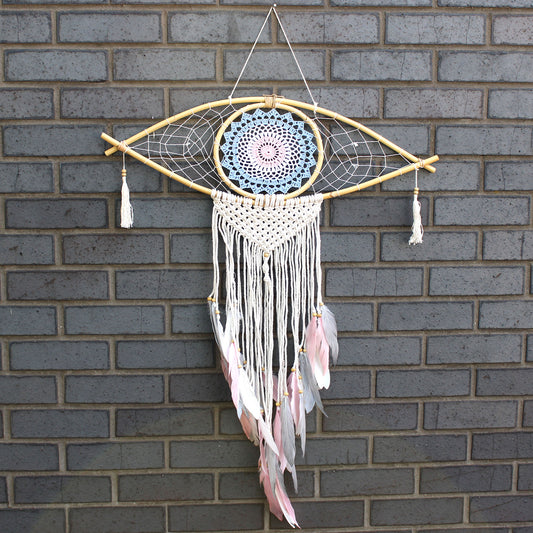 Protection Dream Catcher - Lrg Macrame Eye Blue/ White/Pink