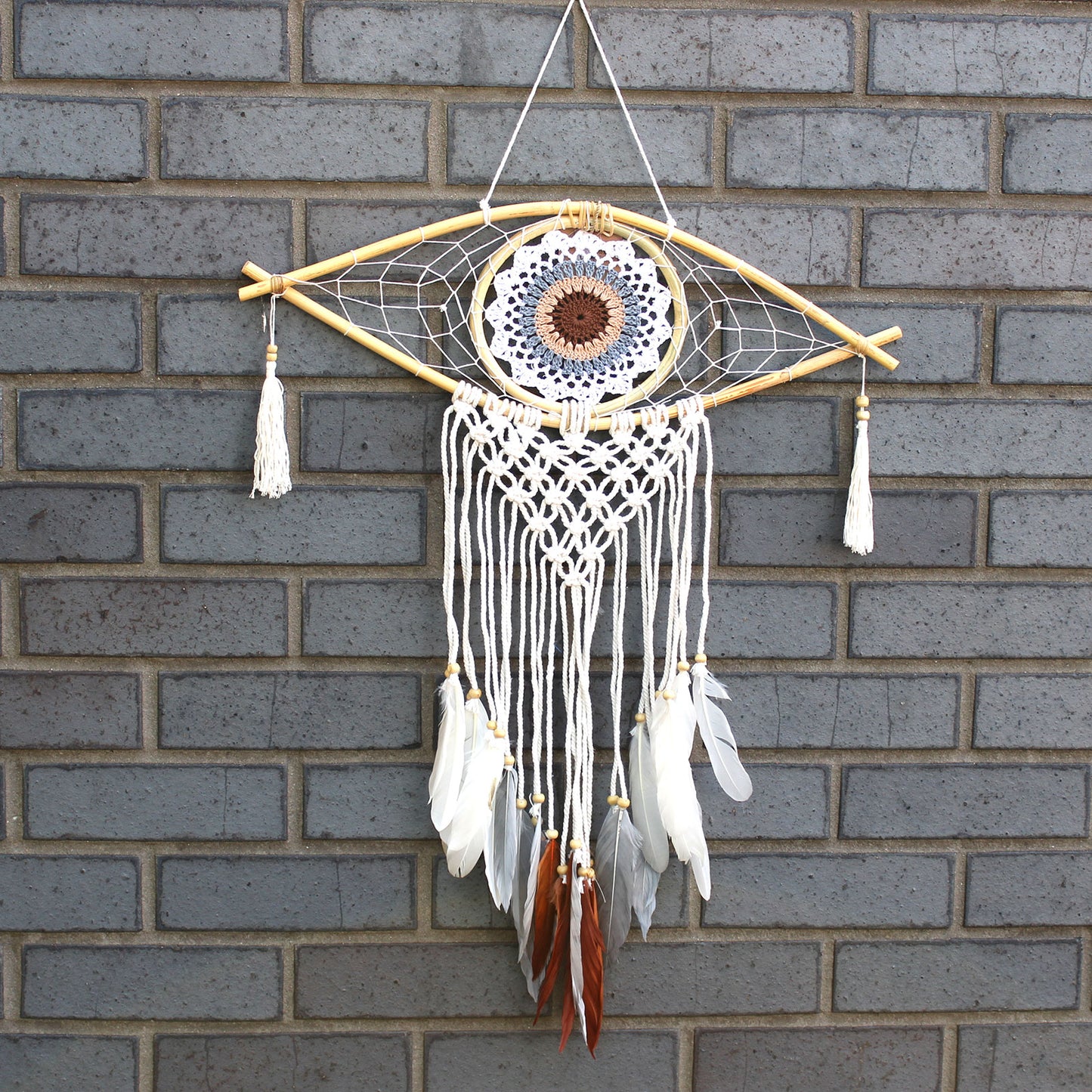 Protection Dream Catcher - Med Macrame Evil Eye White/ Grey/Brown