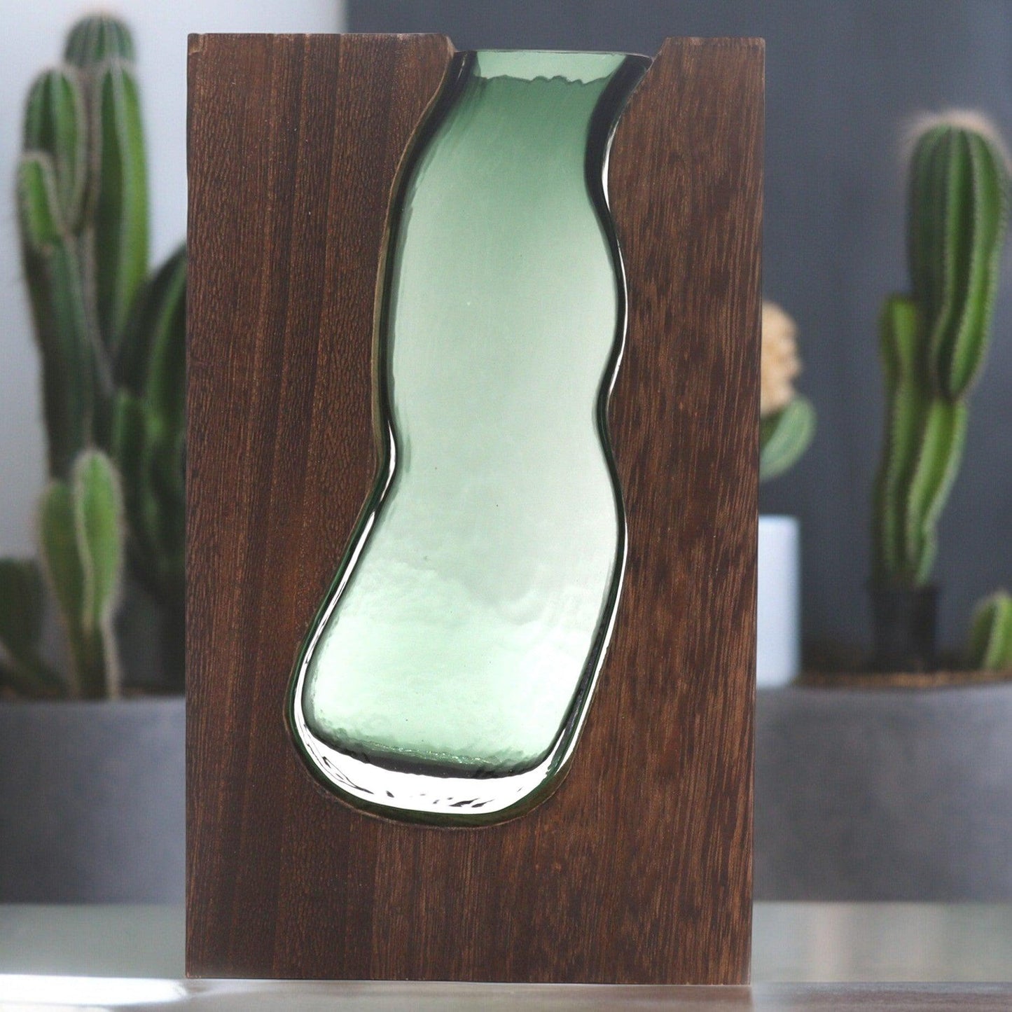 Lrg Glass Vase/Terarium inside Dark Tung Wood