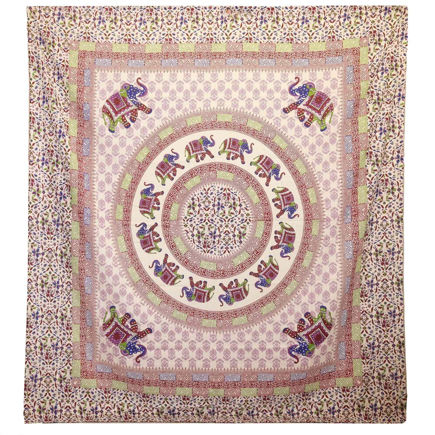 Wall Hanging / Spread - Elephant Mandala - Purple/Blue on Cream