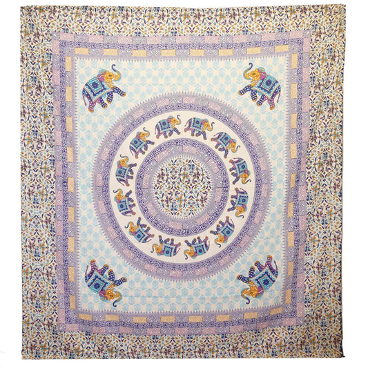 Wall Hanging / Spread - Elephant Mandala - Turquoise/Blue on Cream