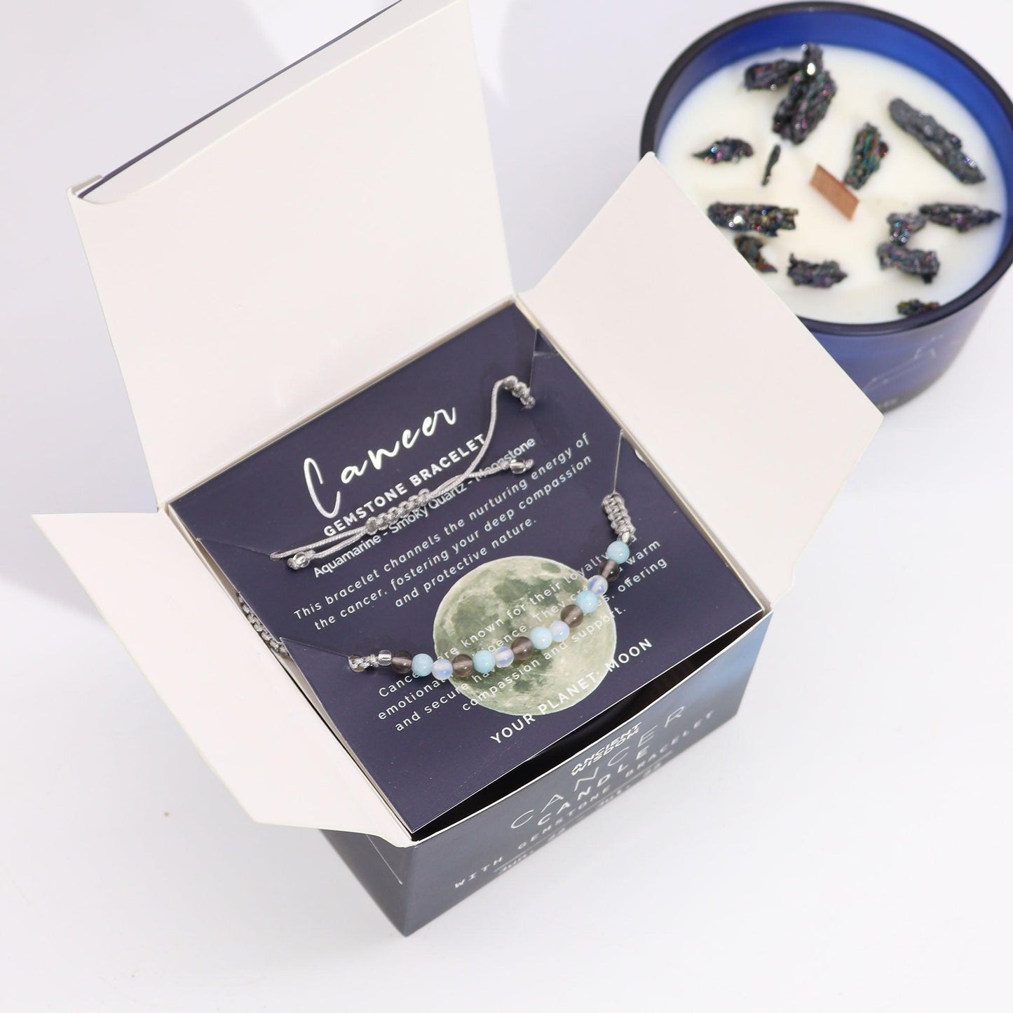 Zodiac Crystal Candle with Gemstone Bracelet - Cancer