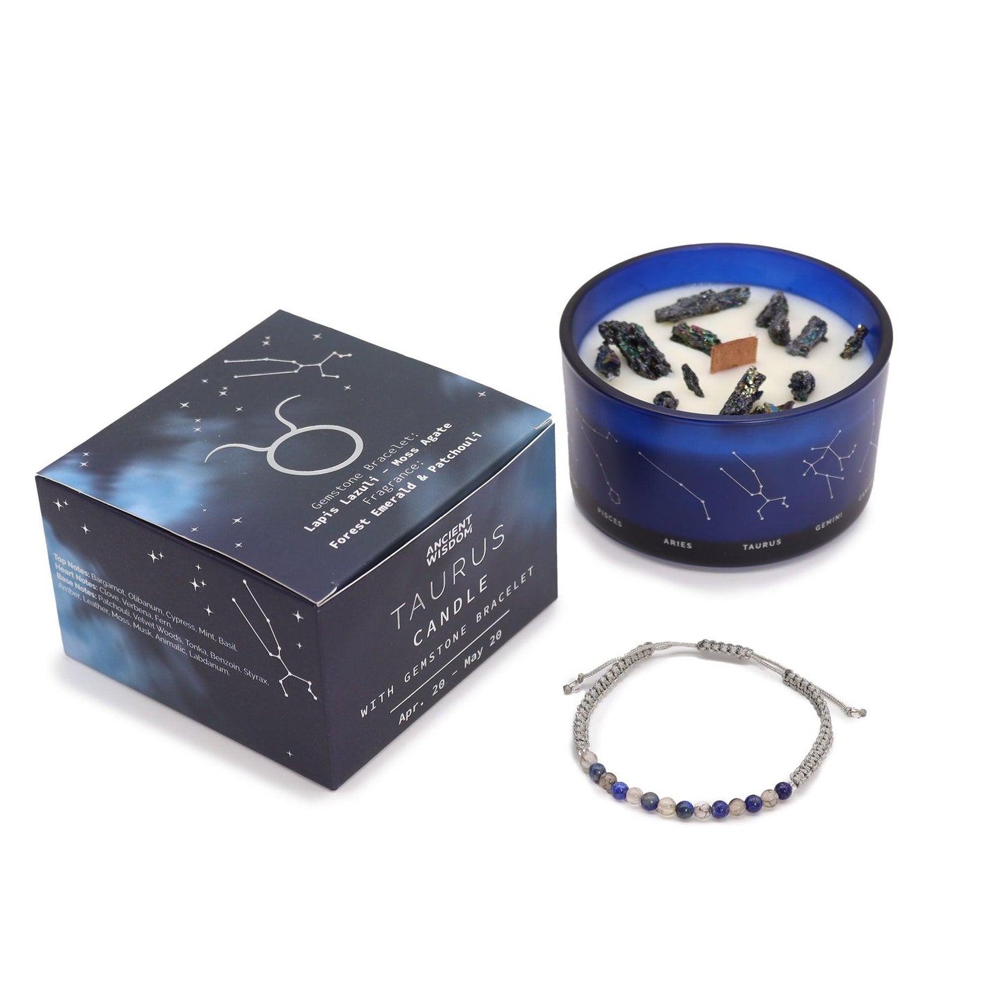 Zodiac Crystal Candle with Gemstone Bracelet - Taurus