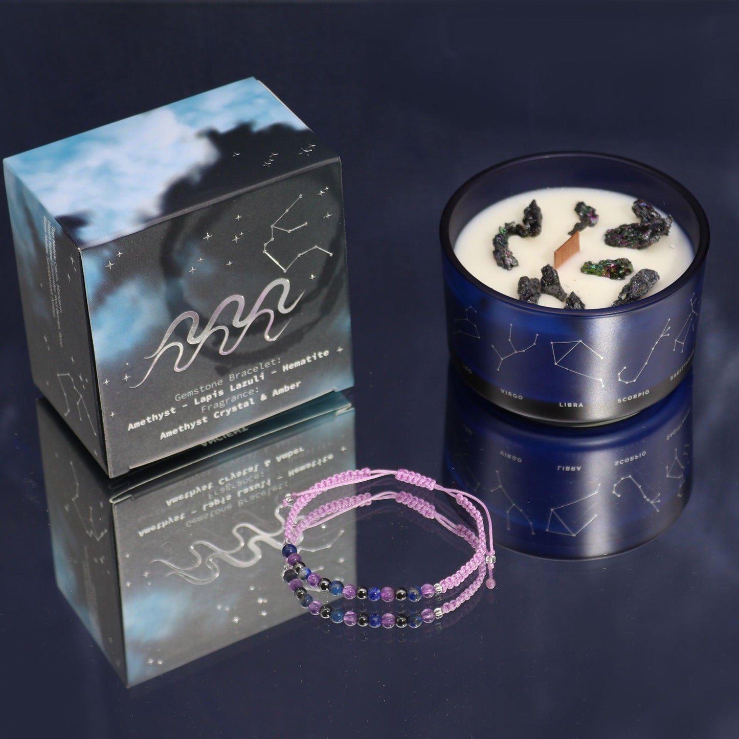 Zodiac Crystal Candle with Gemstone Bracelet - Aquarius